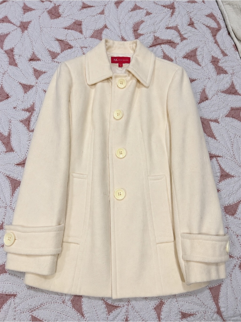 AK Anne Klein Cream Wool Button Coat